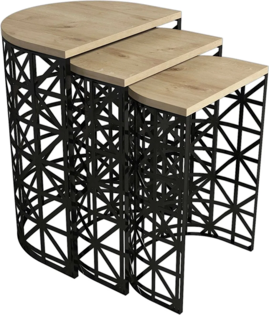 Set tavolinash ndihmëse të vendosshme, 3 copë, ngjyrë lisi dhe e zezë, Skye Decor - 4