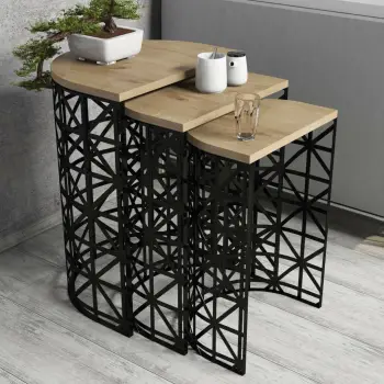 Set tavolinash ndihmëse të vendosshme, 3 copë, ngjyrë lisi dhe e zezë, Skye Decor