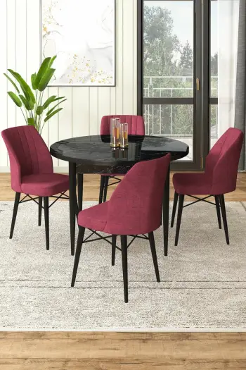 Tavolinë me karrige për ngrënie (5 copë), Skye Decor, Rox, mermer i zi, burgundy