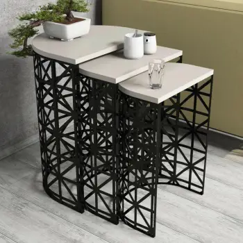 Set tavolinash ndihmëse (3 copë), Skye Decor, stil metal ferforje, krem