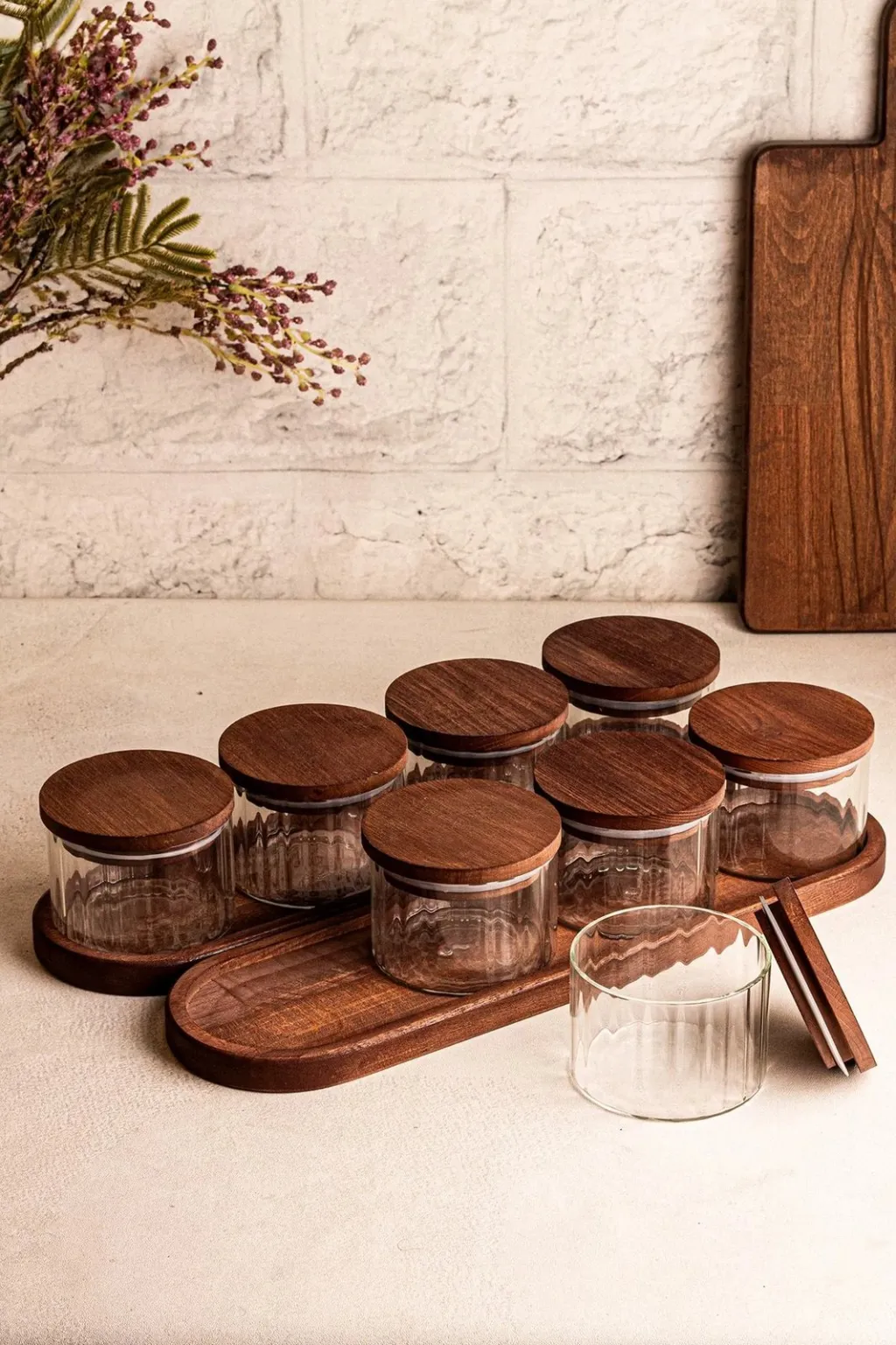 Set tasash prej xhami me kapakë druri, 18 pjesë, Hermia Concept, Liny 10 - 3