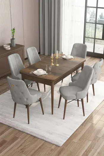 Set tavoline me karrige për ngrënie, zgjatshme, 7 pjesë, Skye Decor, Barok, gri