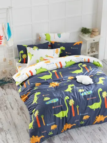 Set mbulesë për jorgan dopio Ranforce, dinozaurë, ngjyrë kaltër e errët
