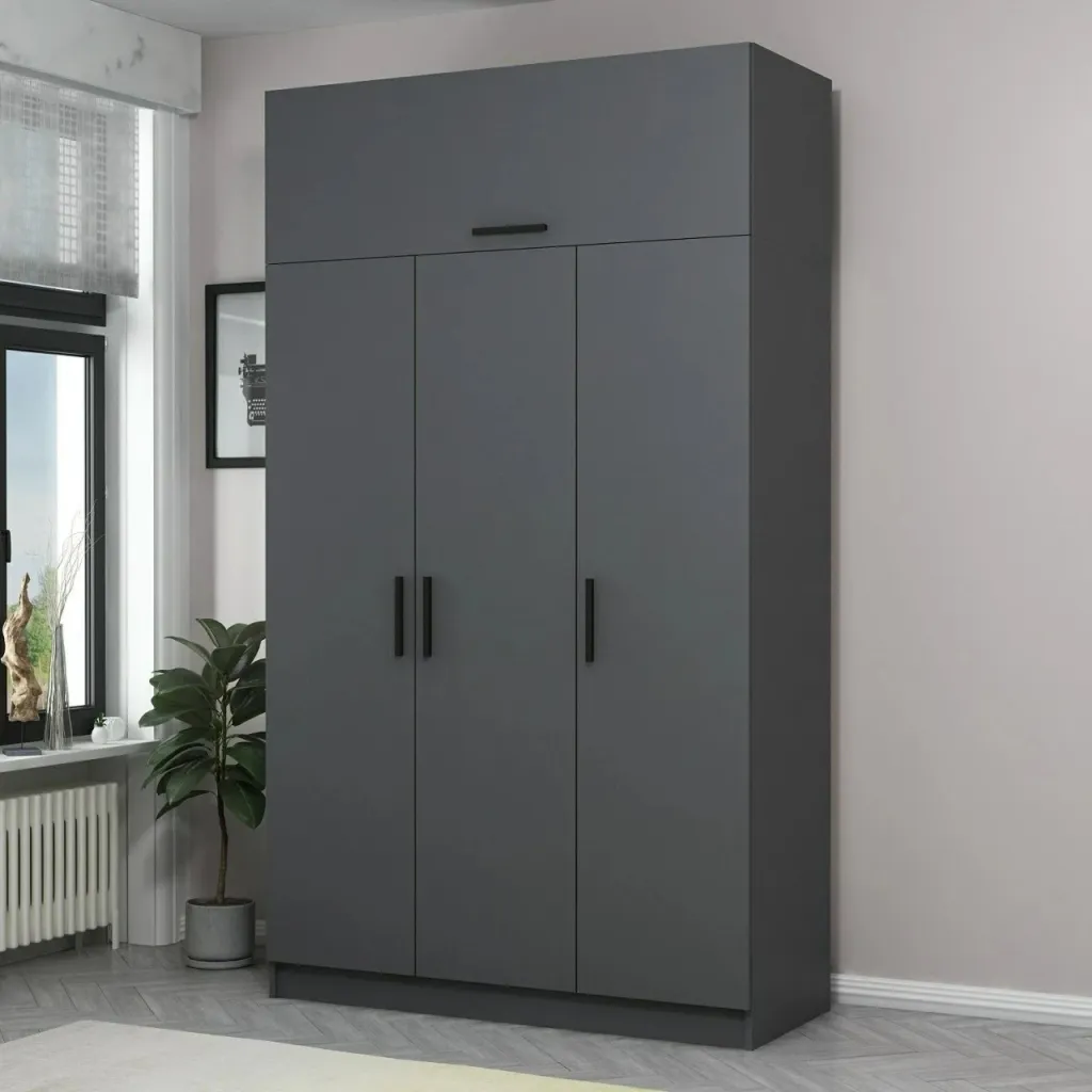 Dollap garderobe Skye Decor, 3 kapakë, 2 sirtarë, anthracite, 255cm - 1