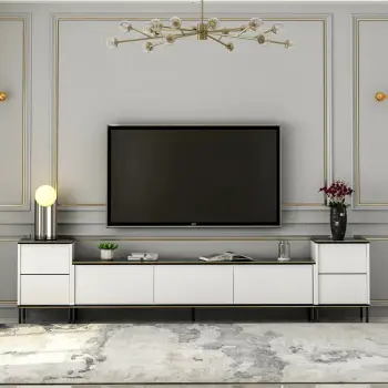 Komodë TV Skye Decor, e bardhë, mermer, me dy komodina