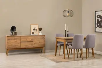 Set tavolinë me karrige dhe konsolë, zgjatues, 6 pjesë, Skye Decor, Vina 01 0701, ngjyrë pishë atlantike, gri