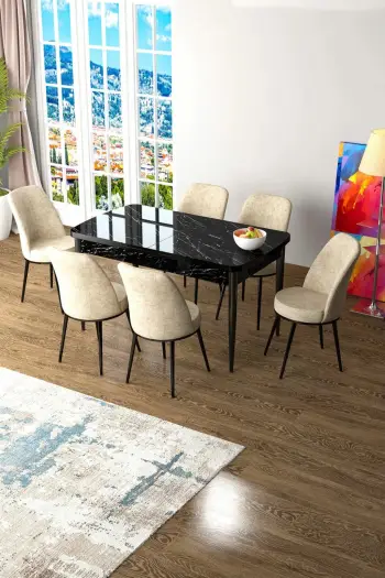 Set tavoline me karrige për ngrënie, zgjatues, Skye Decor, ngjyrë mermeri të zi dhe krem, 7 copë