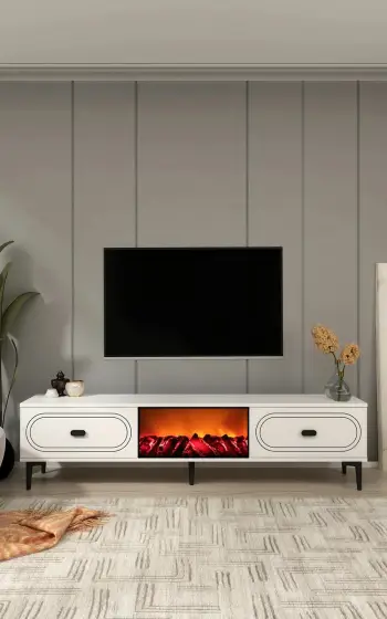 Komodë TV Skye Decor, weny bohem me oxhak dekorativ, e bardhë