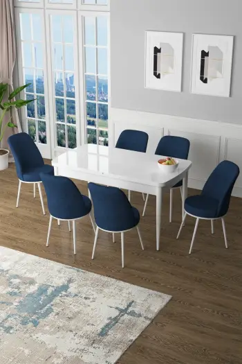 Tavolinë me karrige, zgjatshme, 7 copë, Skye Decor, Zen, e bardhë dhe kaltër e errët