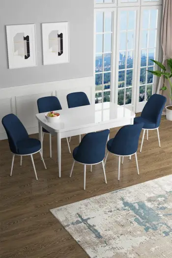 Tavolinë me karrige për ngrënie, e zgjatshme, 7 copë, Skye Decor, e bardhë, kaltër e errët