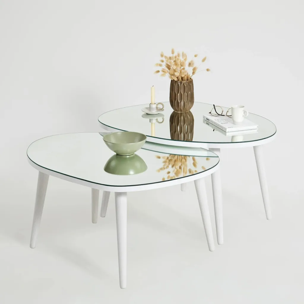 Set tavolinash ndihmëse, xham i temperuar, këmbë të bardha, Skye Decor, 2 copë - 1