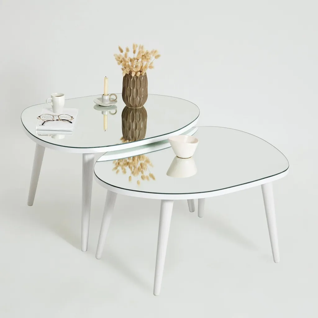 Set tavolinash ndihmëse, xham i temperuar, këmbë të bardha, Skye Decor, 2 copë - 2