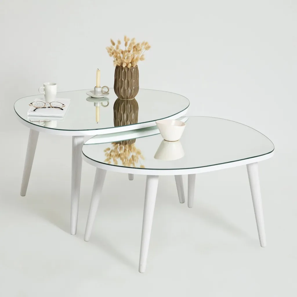 Set tavolinash ndihmëse, xham i temperuar, këmbë të bardha, Skye Decor, 2 copë - 3