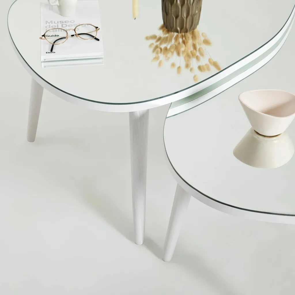 Set tavolinash ndihmëse, xham i temperuar, këmbë të bardha, Skye Decor, 2 copë - 4