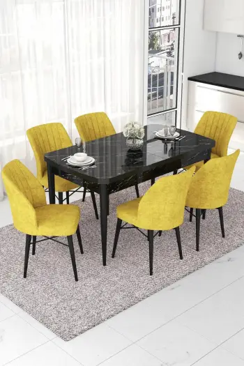 Tavolinë me karrige, zgjatshme, 7 copë, Skye Decor, ngjyrë mermeri të zi dhe mustard