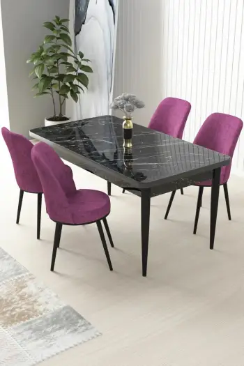 Tavolinë me karrige, 5 copë, Skye Decor, mermer i zi, karrige të purpurta