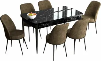 Tavolinë me karrige për ngrënie, e zgjatshme, 7 copë, Skye Decor, mermer i zi, kafe