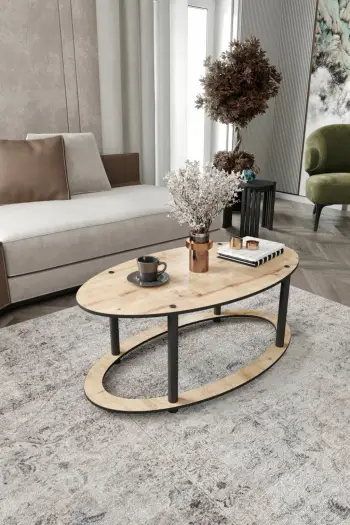 Tavolinë kafeje Skye Decor, dizajn eliptik me vrimë, ngjyrë lisi