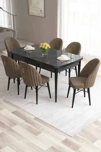 Tavolinë me karrige zgjatëse, 7 copë, Skye Decor, ngjyrë rozë-mermer i zi, kafe