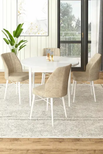 Set tavolinë me karrige për ngrënie, Skye Decor, Rox, e bardhë, krem, 5 copë