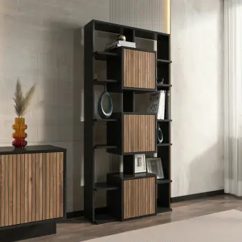 Raft librash Skye Decor, ngjyrë e zezë dhe arre e çelët