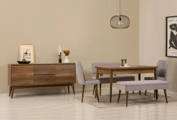 Set tavoline me karrige, konsolë dhe bank, 6 pjesë, Skye Decor, Vina Bench 04 0701, ngjyrë arre, gri