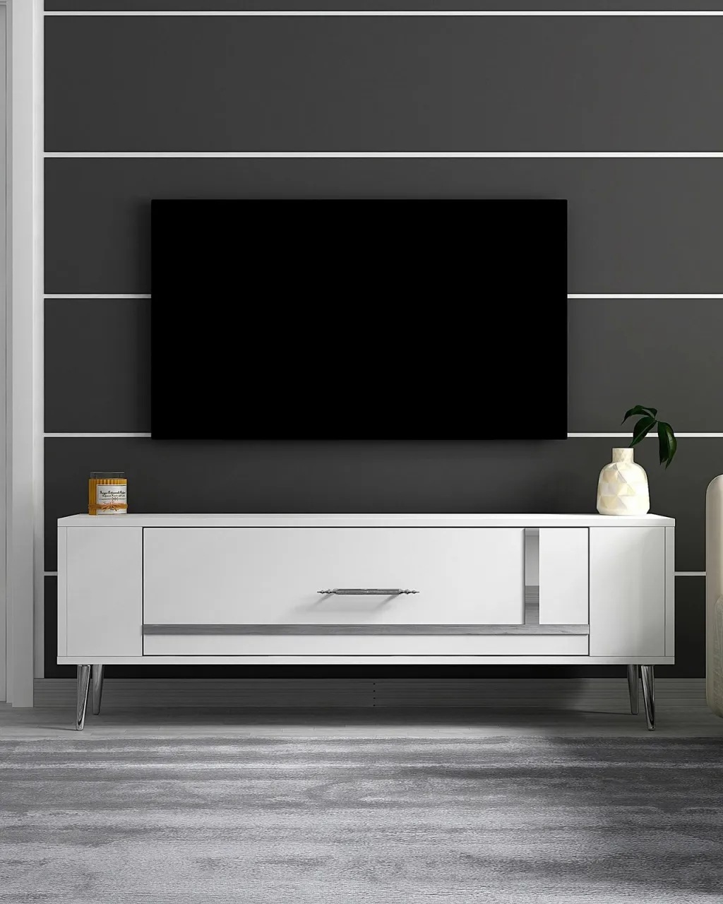 Komodë TV Skye Decor, Retrop1, e bardhë, argjend - 1