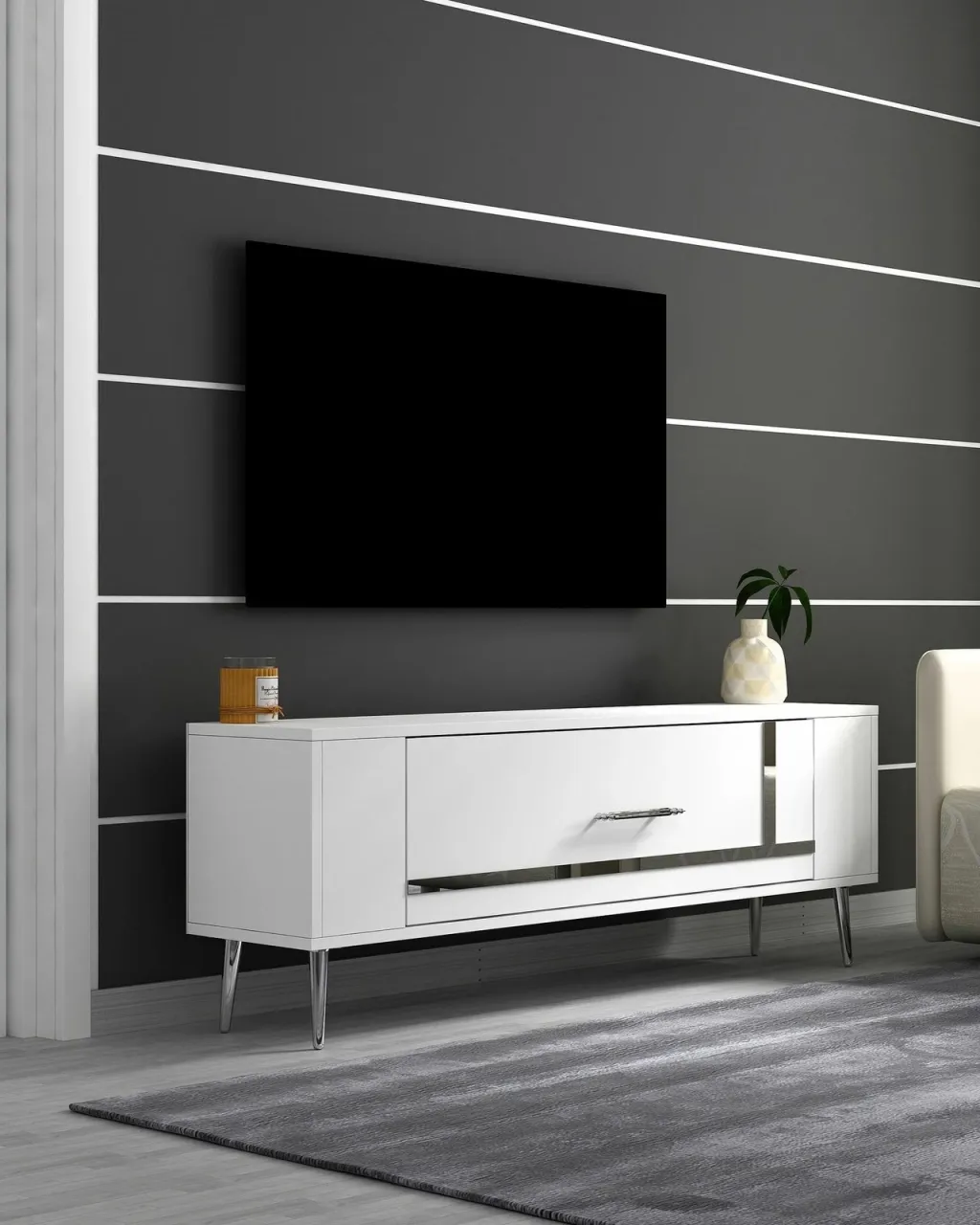 Komodë TV Skye Decor, Retrop1, e bardhë, argjend - 2