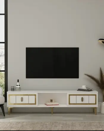 Komodë TV Skye Decor, e bardhë, ar