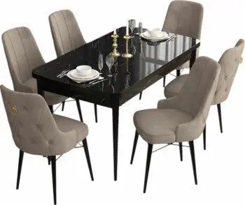 Tavolinë me karrige, zgjatshme, 7 copë, Skye Decor, ngjyrë mermeri të zi, kapuçino