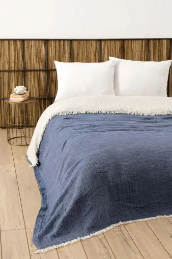 Përparëse dopio për shtrat, muslin, ngjyrë blu e errët, 230x250cm