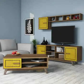 Set mobiljesh për dhomë dite, dizajn lulesh, ngjyrë arre dhe e verdhë, Skye Decor Ayla