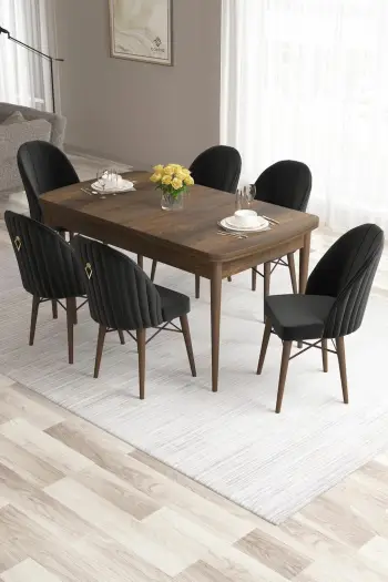 Set tavolinë me karrige për ngrënie, zgjatues, 7 pjesë, Skye Decor, roz - barok, e zezë