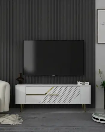 Komodë TV Skye Decor, Retrolp5, e bardhë dhe ari