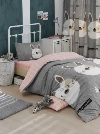 Set mbulesë për jorgan XXL njësh, Tavşancık, ngjyrë kafe e çelët, gri, rozë