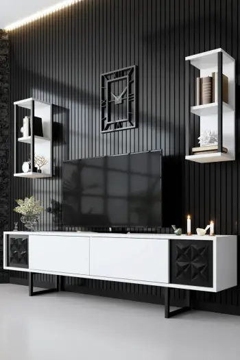 Komodë TV Skye Decor, vijë e zezë, e bardhë, e zezë