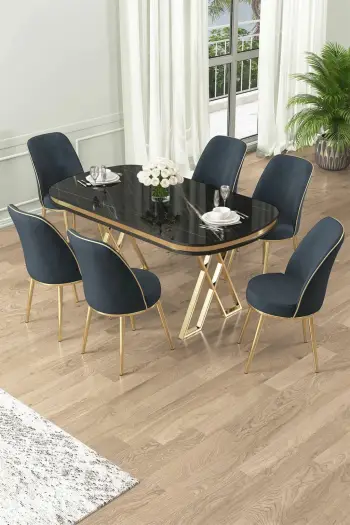 Tavolinë me karrige, 7 copë, Skye Decor, ngjyrë mermeri të zi, ar, antracit