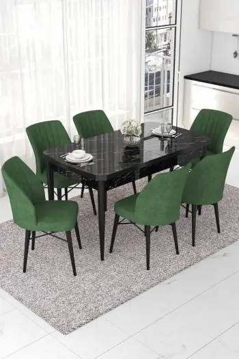 Set tavoline me karrige të zgjatshme (7 copë), Skye Decor, mermer i zi, khaki