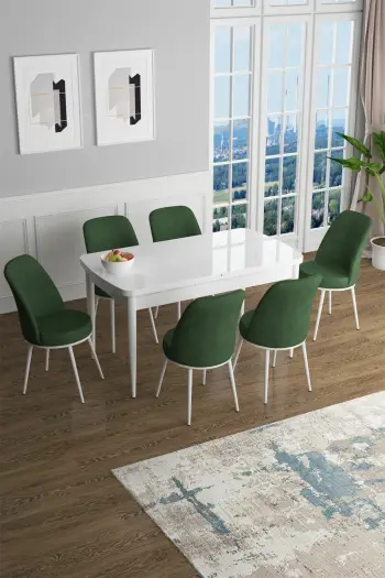 Tavolinë me karrige për ngrënie, e zgjatshme, 7 copë, Skye Decor, e bardhë, kaki