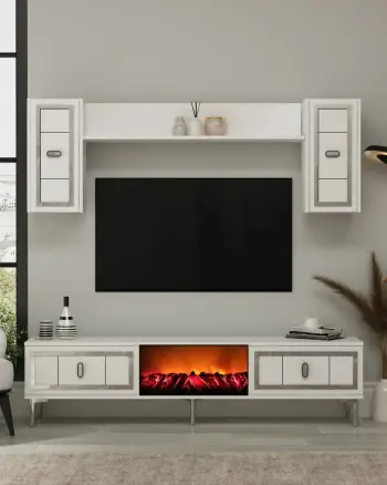 Njësi TV Skye Decor, oxhak Orion, e bardhë, argjend