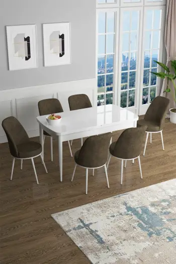 Tavolinë me karrige, zgjatshme, 7 copë, Skye Decor, e bardhë, kafe