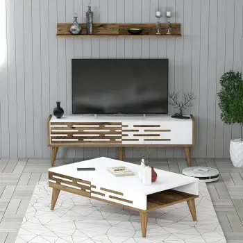 Set mobiljesh për dhomë dite, Valensiya 140, ngjyrë arre dhe e bardhë