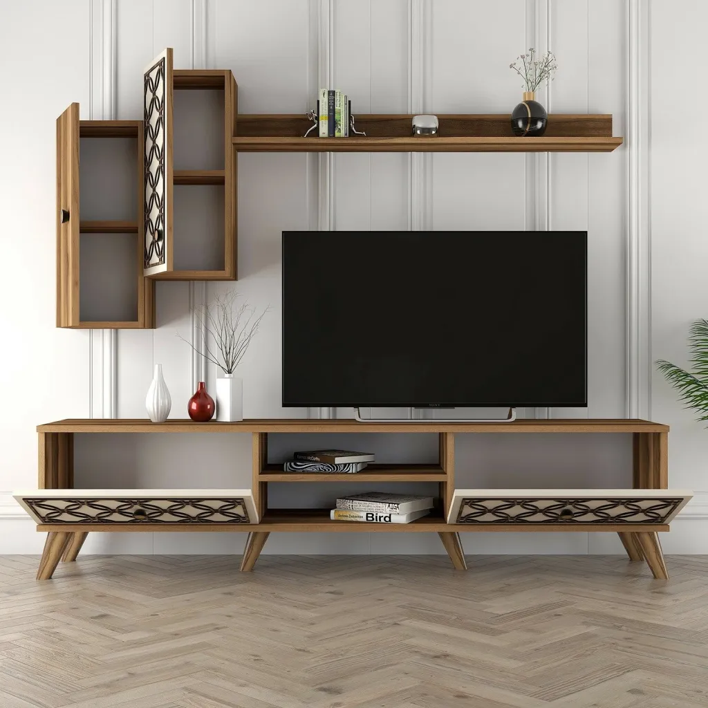Njësi TV Skye Decor, klasë S, ngjyrë arre, krem - 3