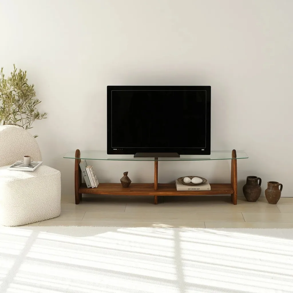 Komodë TV Skye Decor, ngjyrë gështenjë, xham transparent - 1