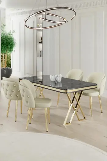 Tavolinë me karrige, 5 copë, Skye Decor Rigel, mermer i zi, ar, krem