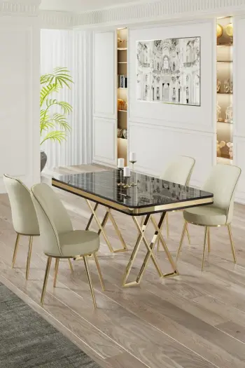 Tavolinë me karrige, 5 copë, Skye Decor, ngjyrë mermeri të zi, ari, krem