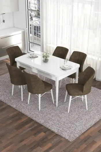 Tavolinë me karrige, set 7 pjesësh, ngjyrë e bardhë dhe kafe, Skye Decor, Eva