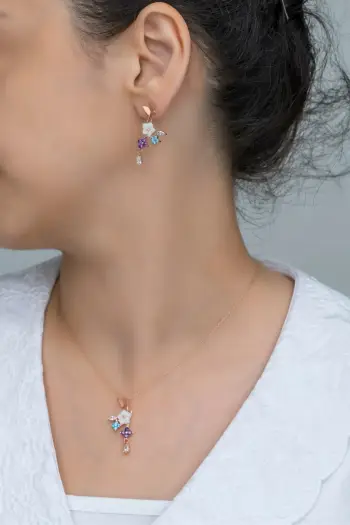 Set varëse dhe vathë argjendi, Jumeon, NRZ99361, ngjyrë rozë e artë, fuchsia, kaltër e errët, kaltër