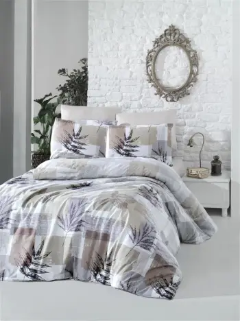 Set mbulesë për jorgan king size, L'essentiel, model me gjethe, ngjyrë kafe, e bardhë, e purpurt, gri