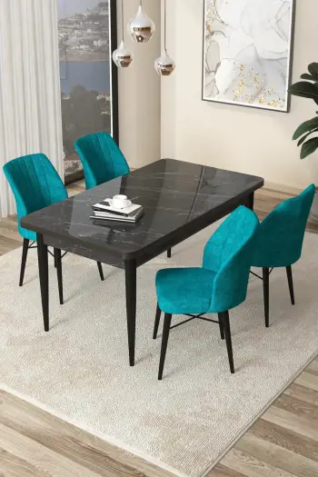Tavolinë me karrige, 5 copë, Skye Decor, mermer i zi, turquoise